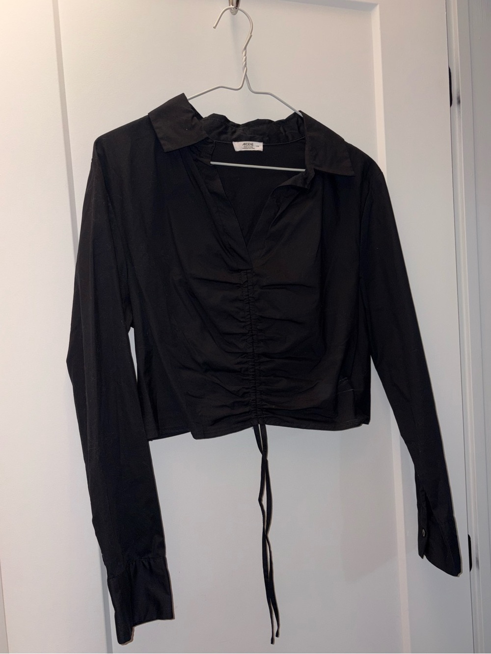 Ardene Black Long-Sleeve Drawstring Ruched Collared Top